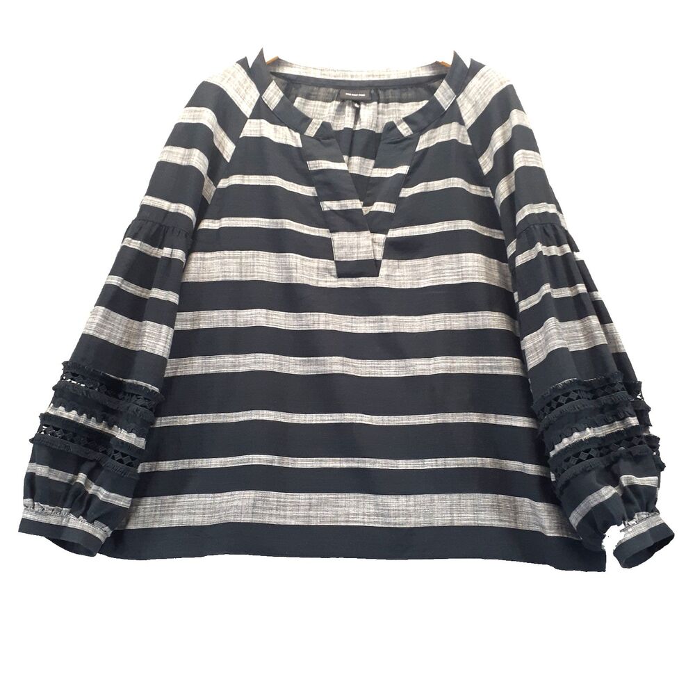 Who What Wear Women Sz L Blouse Top Black Gray Stripe Long Balloon Sleeve Cotton